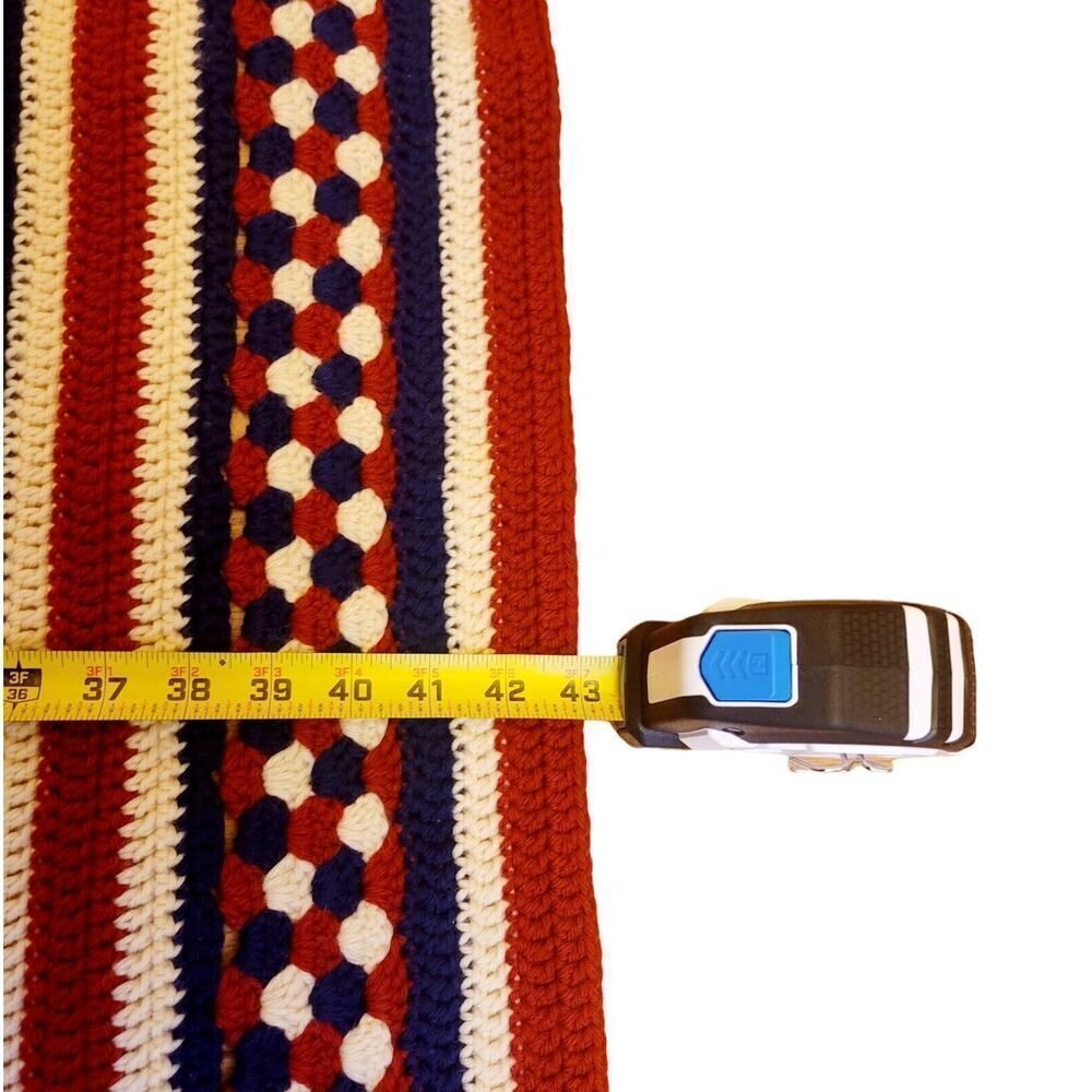 Vtg Knit Crocheted Blanket Throw Afghan 43" x 69" Red White Blue Stripes 70's - Picture 4 of 4